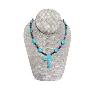 Beaded Cross Necklace Turquoise Color Approximately 20 Inch